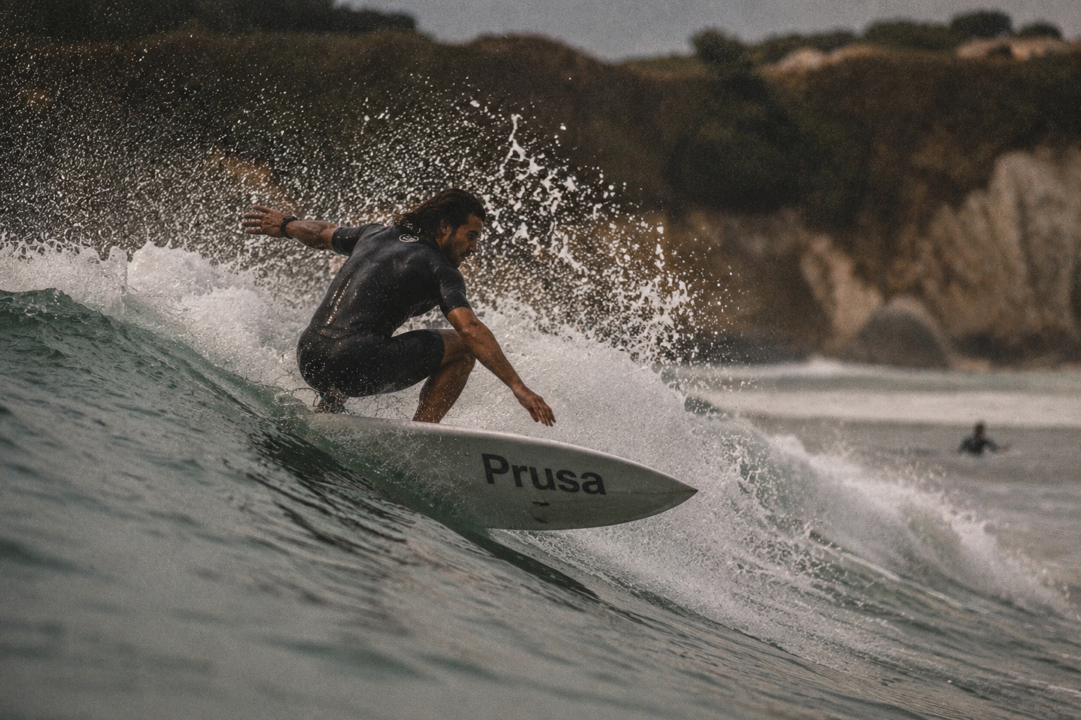 A surfer riding a massive ocean wave, representing navigating strategic challenges and riding the wave of success with Prusa Partners' branding